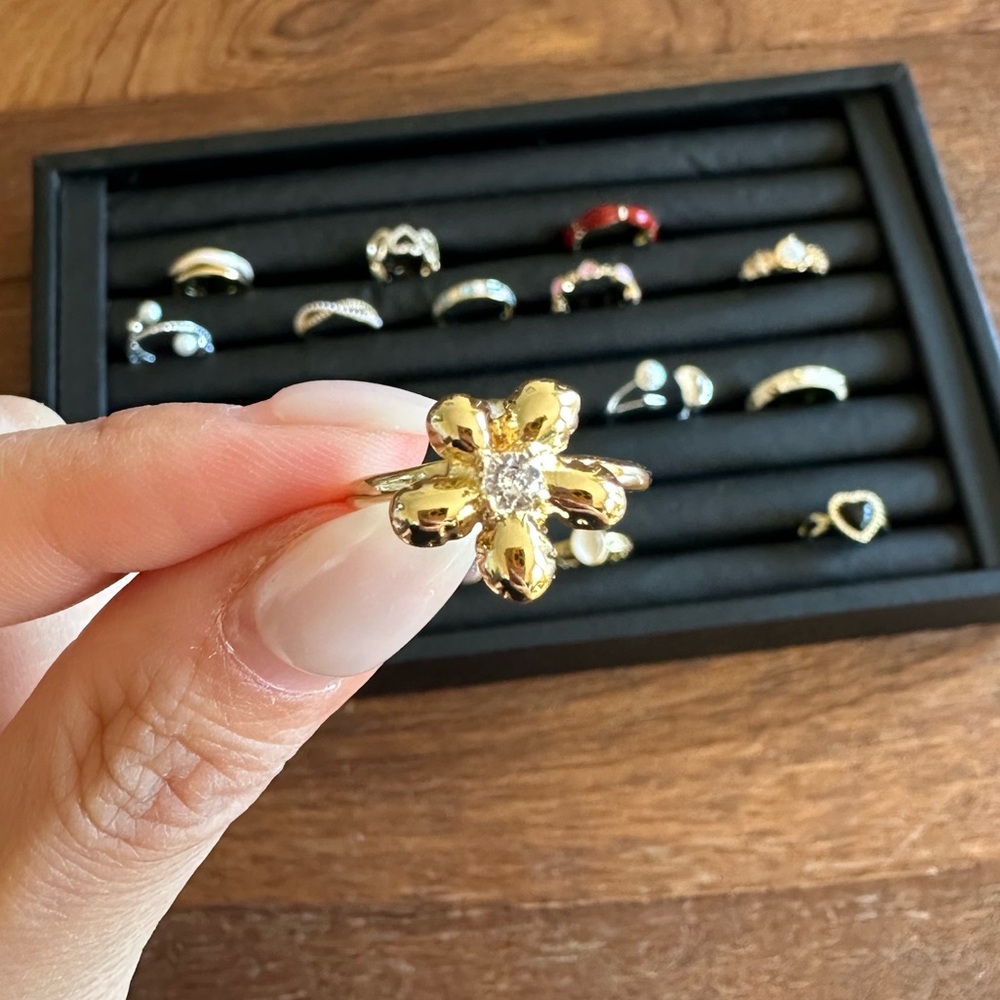 Womenβs Gold-Plated Zircon Flower Open Ring Adjustable Elegant Statement - Picture 2 of 6